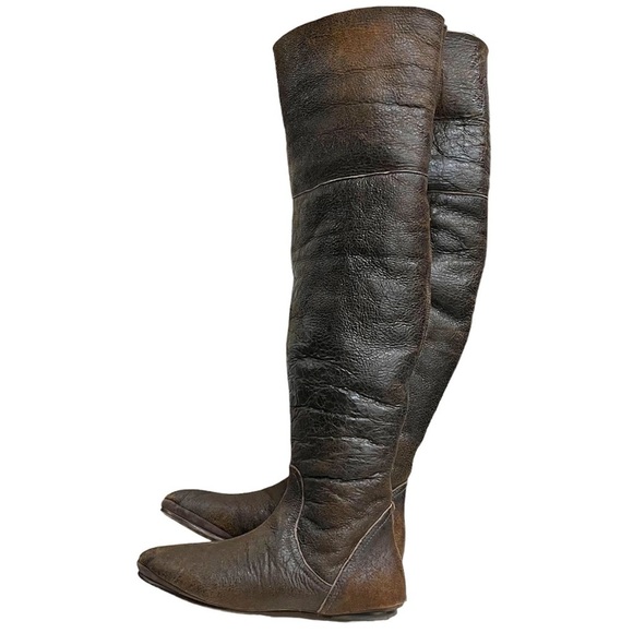 Bernardo Shoes - BERNARDO brown leather thigh high flat round toe shearling boots size 7.5